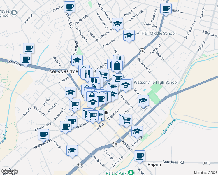 map of restaurants, bars, coffee shops, grocery stores, and more near 222 East Lake Avenue in Watsonville