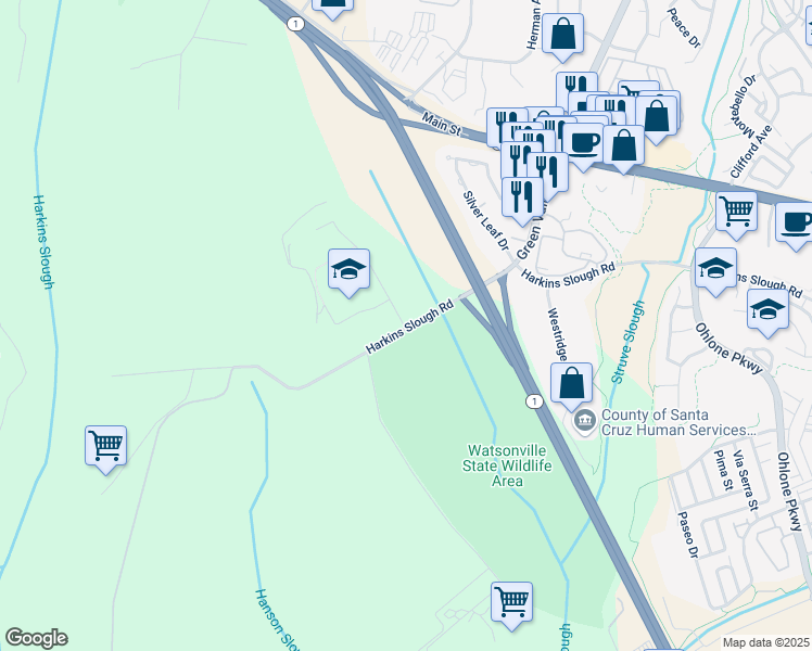 map of restaurants, bars, coffee shops, grocery stores, and more near 500 Harkins Slough Road in Watsonville