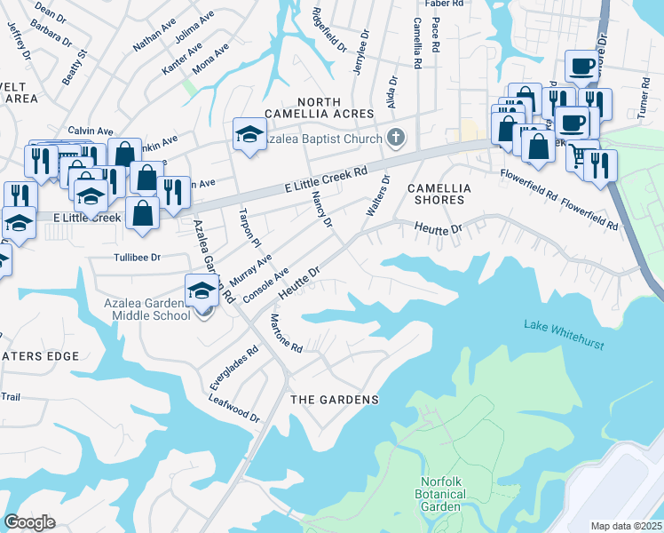 map of restaurants, bars, coffee shops, grocery stores, and more near 2744 Heutte Drive in Norfolk