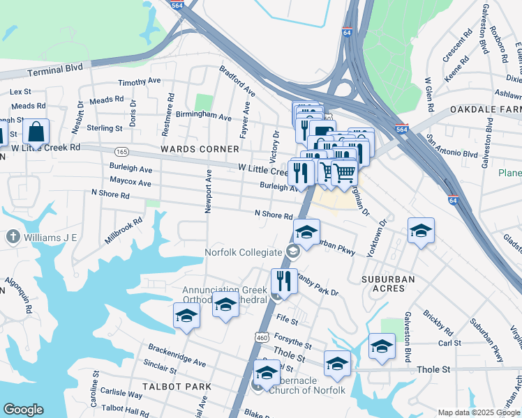 map of restaurants, bars, coffee shops, grocery stores, and more near 213 Maycox Avenue in Norfolk