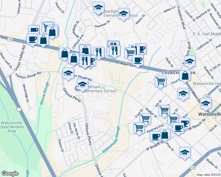 map of restaurants, bars, coffee shops, grocery stores, and more near 34 Blackbird Circle in Watsonville
