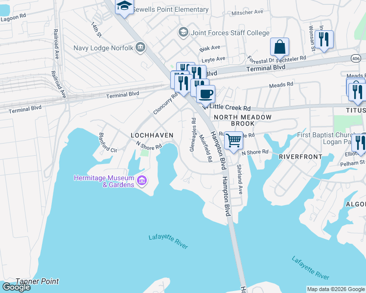 map of restaurants, bars, coffee shops, grocery stores, and more near 7498 Maury Arch in Norfolk
