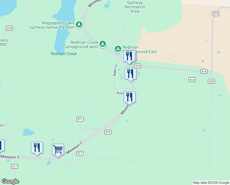 map of restaurants, bars, coffee shops, grocery stores, and more near 172 Rusty Lane in Wappapello
