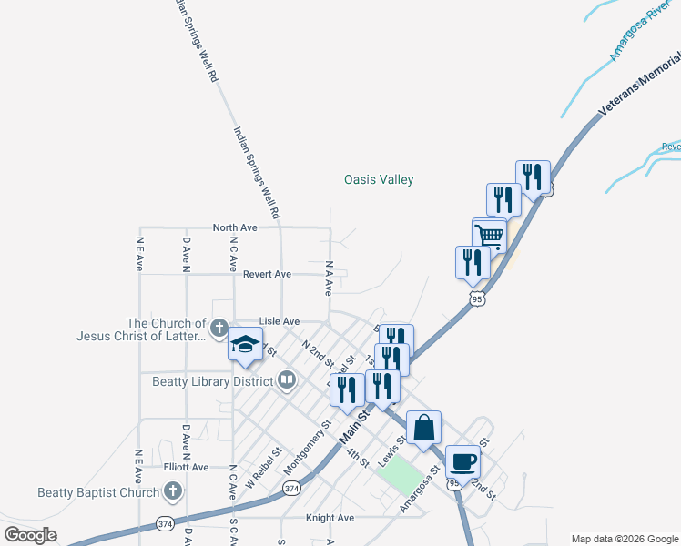 map of restaurants, bars, coffee shops, grocery stores, and more near 1100 A Avenue South in Beatty