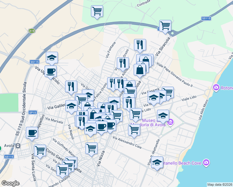 map of restaurants, bars, coffee shops, grocery stores, and more near 28 Via Mascagni Pietro in Avola