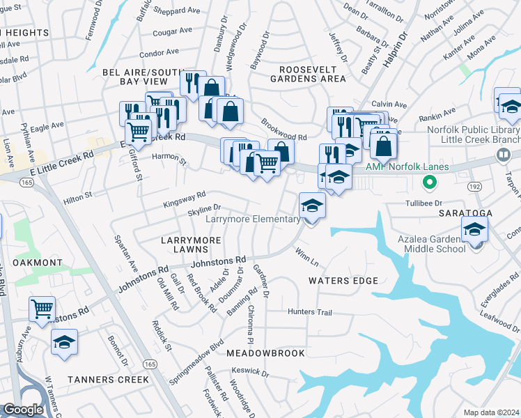 map of restaurants, bars, coffee shops, grocery stores, and more near 1781 Kingsway Road in Norfolk