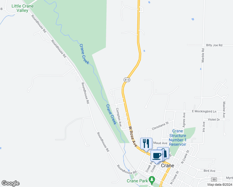 map of restaurants, bars, coffee shops, grocery stores, and more near 504 Airport Road in Crane