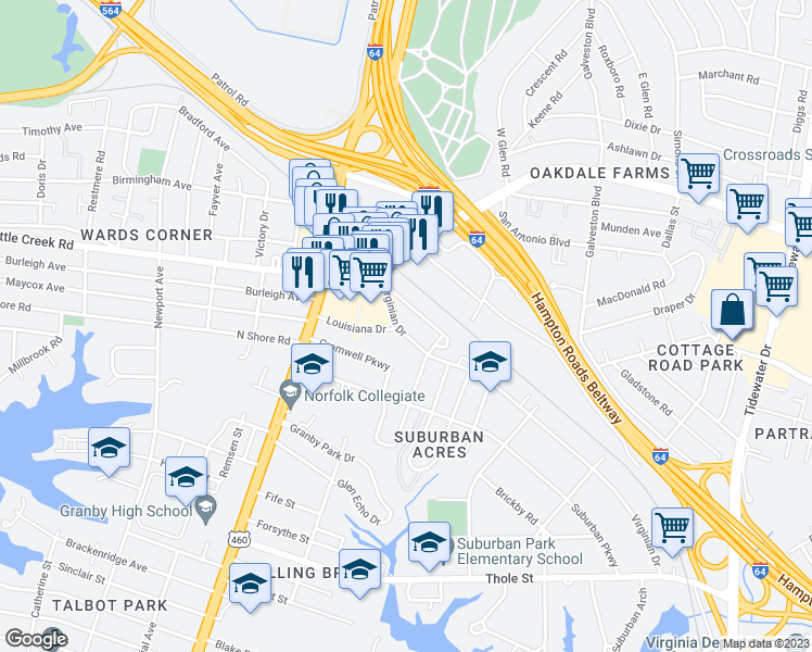 map of restaurants, bars, coffee shops, grocery stores, and more near 7532 Virginian Drive in Norfolk