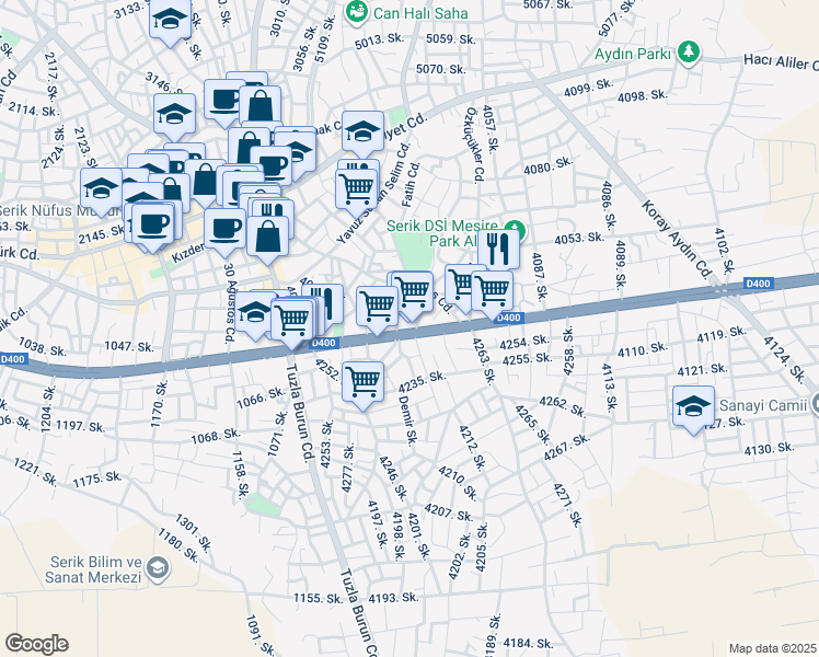 map of restaurants, bars, coffee shops, grocery stores, and more near 177 Serik Caddesi in Serik