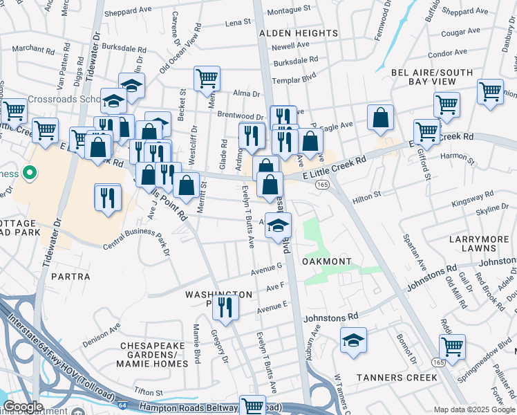 map of restaurants, bars, coffee shops, grocery stores, and more near 7619 Evelyn T Butts Avenue in Norfolk