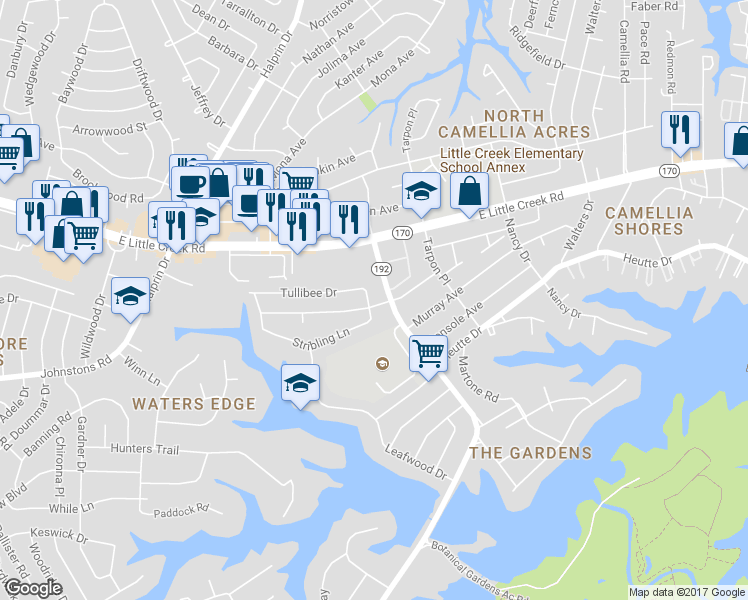map of restaurants, bars, coffee shops, grocery stores, and more near 2488 Jasper Court in Norfolk