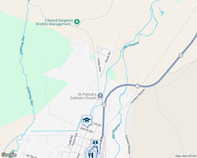 map of restaurants, bars, coffee shops, grocery stores, and more near 588 North Pinon Drive in Chama