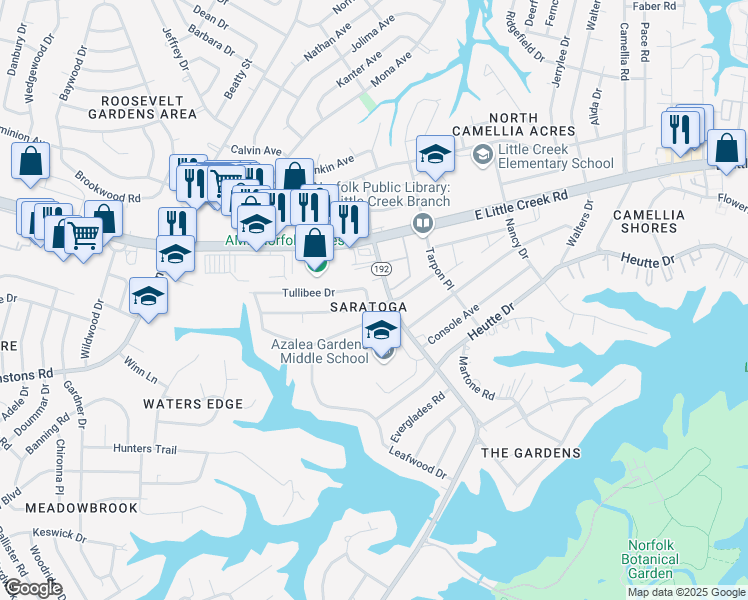 map of restaurants, bars, coffee shops, grocery stores, and more near 2488 Jasper Court in Norfolk
