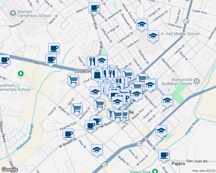 map of restaurants, bars, coffee shops, grocery stores, and more near 600 Main Street in Watsonville