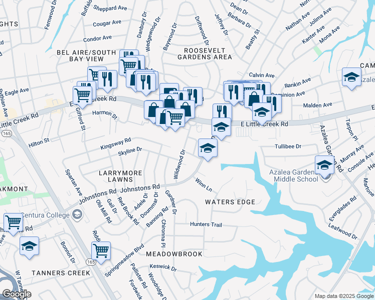 map of restaurants, bars, coffee shops, grocery stores, and more near 7701 Wildwood Drive in Norfolk
