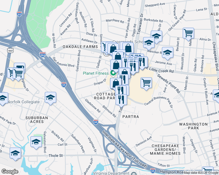 map of restaurants, bars, coffee shops, grocery stores, and more near 7515 Pennington Road in Norfolk