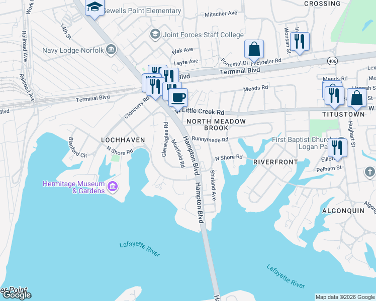 map of restaurants, bars, coffee shops, grocery stores, and more near 7456 Hampton Boulevard in Norfolk