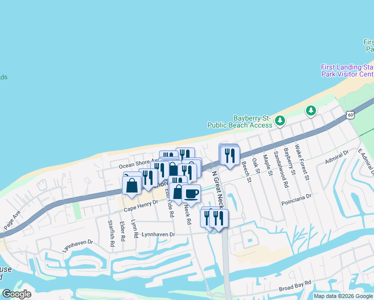 map of restaurants, bars, coffee shops, grocery stores, and more near 2830 Shore Drive in Virginia Beach