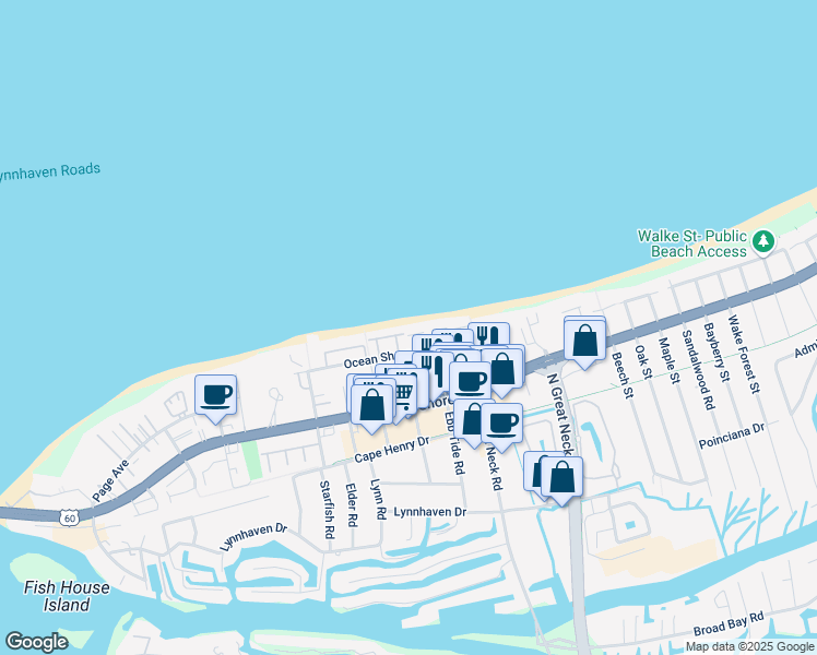 map of restaurants, bars, coffee shops, grocery stores, and more near 2413 Whaler Court in Virginia Beach