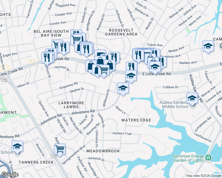map of restaurants, bars, coffee shops, grocery stores, and more near 7701 Wildwood Drive in Norfolk