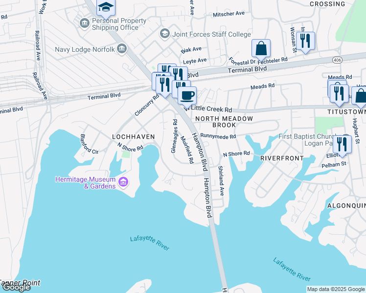 map of restaurants, bars, coffee shops, grocery stores, and more near 7423 Muirfield Road in Norfolk
