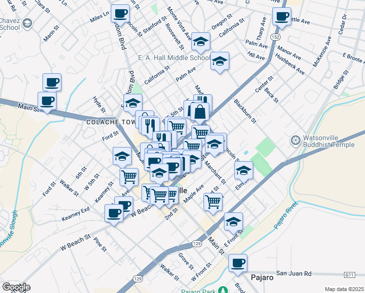 map of restaurants, bars, coffee shops, grocery stores, and more near 202 East Lake Avenue in Watsonville