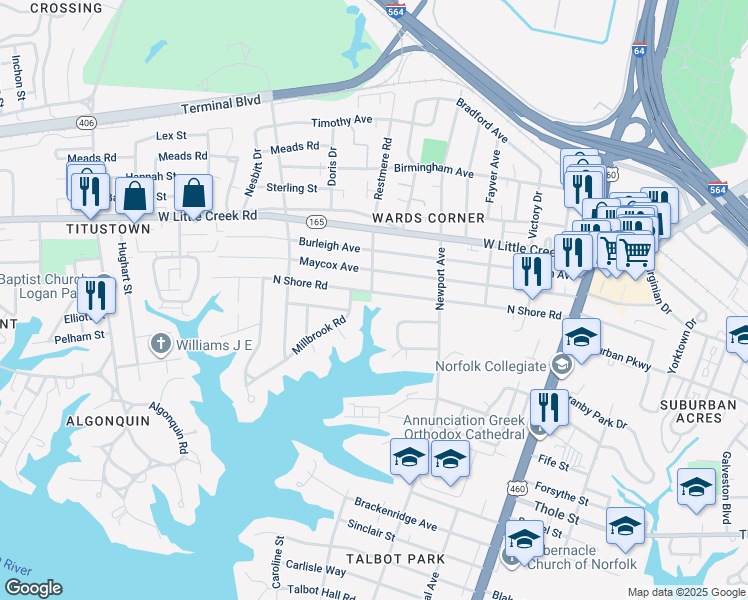 map of restaurants, bars, coffee shops, grocery stores, and more near 425 North Shore Road in Norfolk