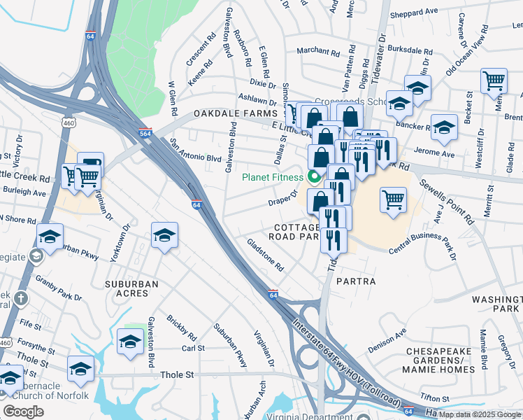 map of restaurants, bars, coffee shops, grocery stores, and more near 421 Draper Drive in Norfolk