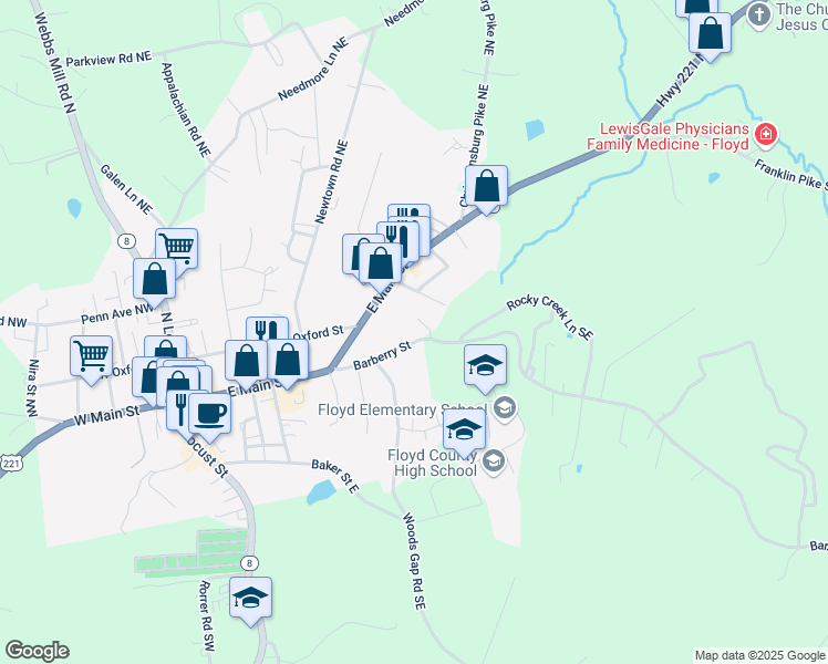 map of restaurants, bars, coffee shops, grocery stores, and more near 220 Barberry Rd SE in Floyd