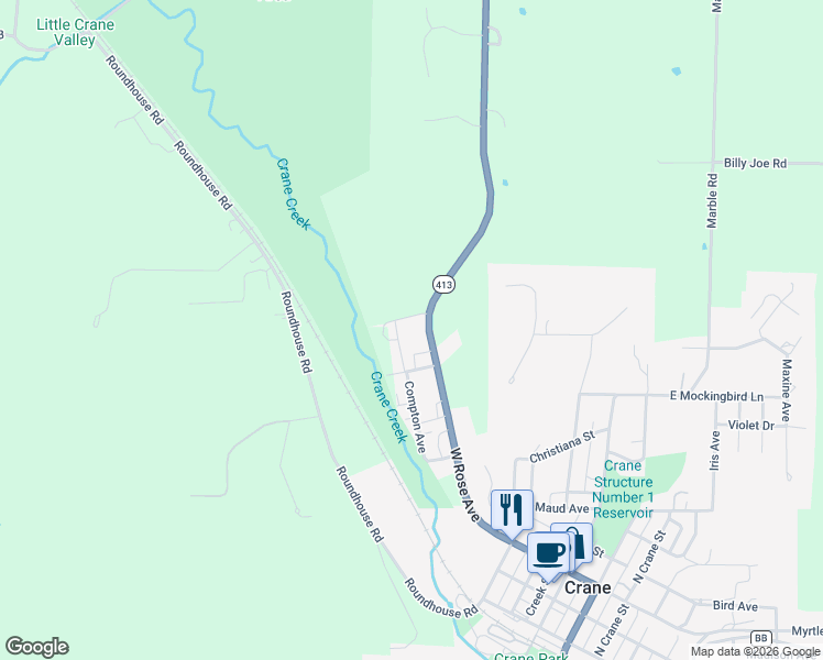 map of restaurants, bars, coffee shops, grocery stores, and more near 504 Airport Road in Crane