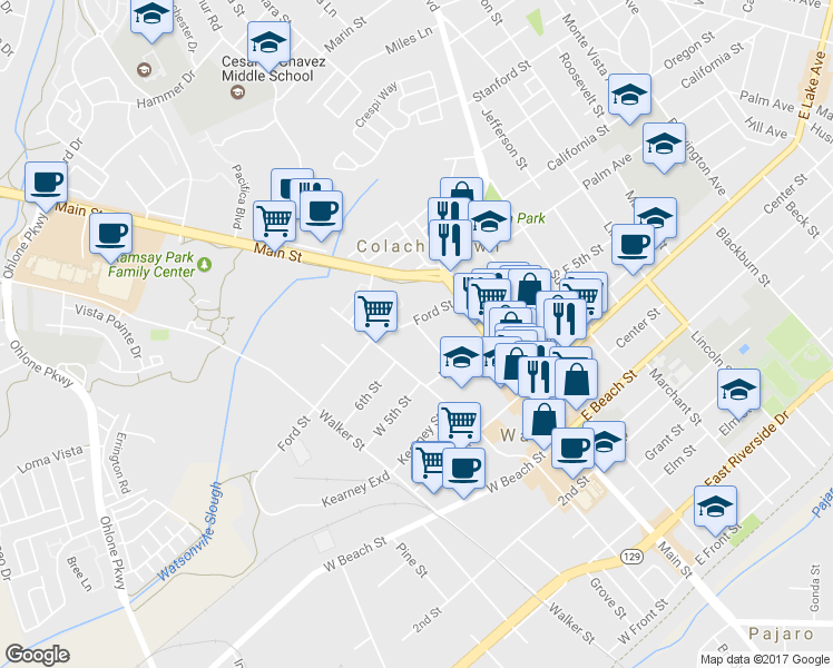 map of restaurants, bars, coffee shops, grocery stores, and more near 41 Kilburn Street in Watsonville