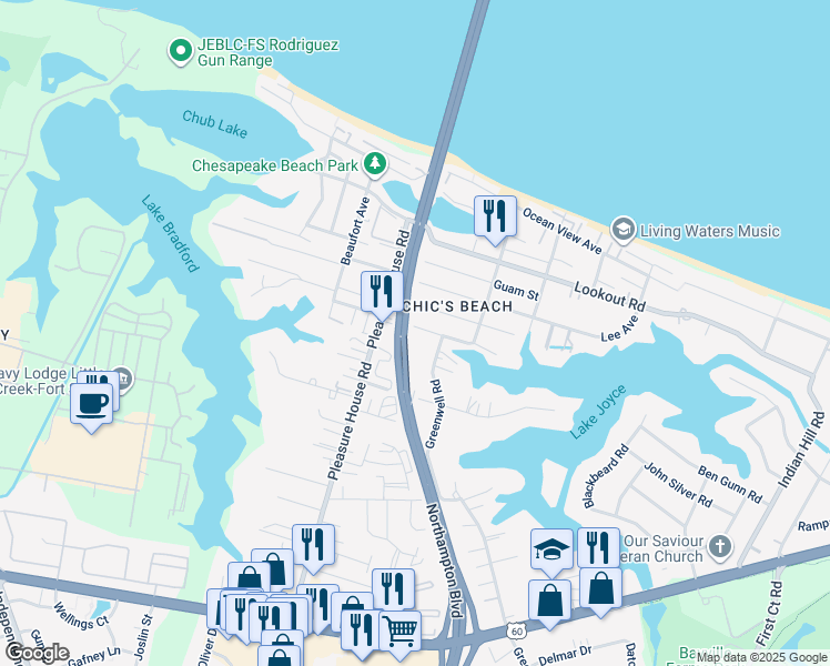 map of restaurants, bars, coffee shops, grocery stores, and more near 4653 Lake Drive in Virginia Beach