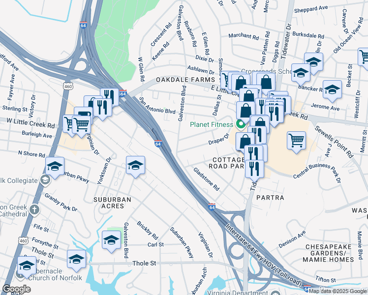 map of restaurants, bars, coffee shops, grocery stores, and more near 406 Draper Drive in Norfolk