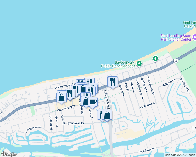 map of restaurants, bars, coffee shops, grocery stores, and more near 2301 Mariners Mark Way in Virginia Beach