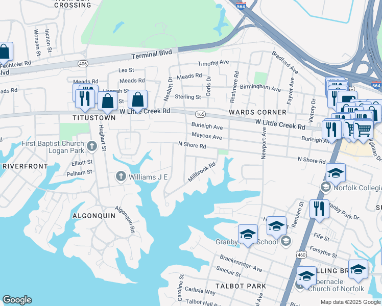 map of restaurants, bars, coffee shops, grocery stores, and more near 524 Butterworth Street in Norfolk