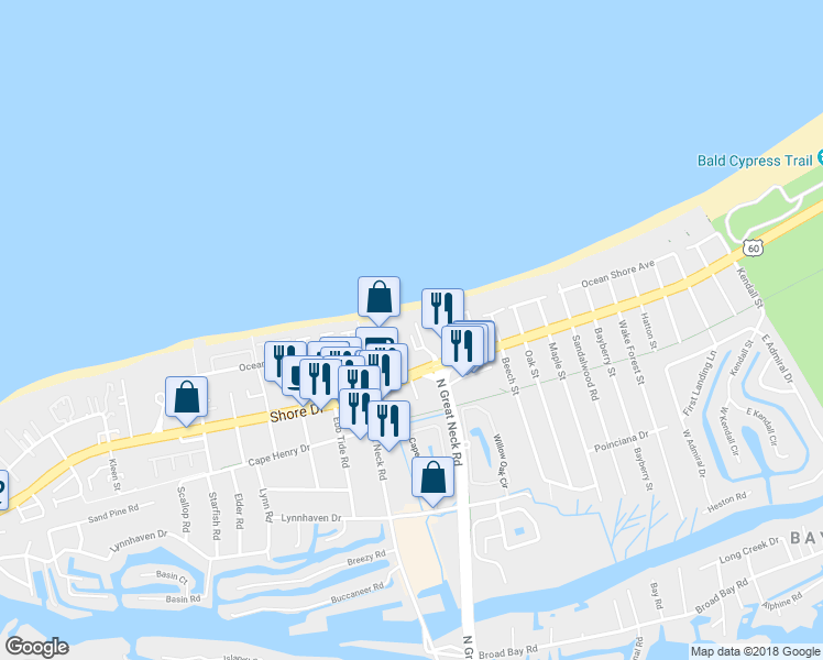 map of restaurants, bars, coffee shops, grocery stores, and more near 2313 Mariners Mark Way in Virginia Beach