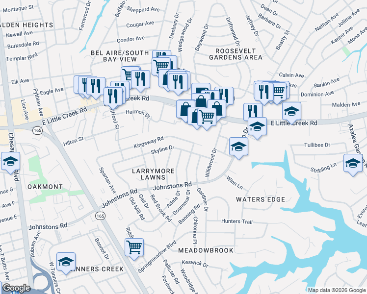 map of restaurants, bars, coffee shops, grocery stores, and more near 1732 Skyline Drive in Norfolk