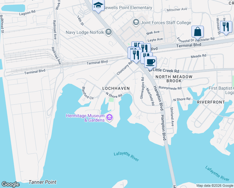 map of restaurants, bars, coffee shops, grocery stores, and more near in Norfolk