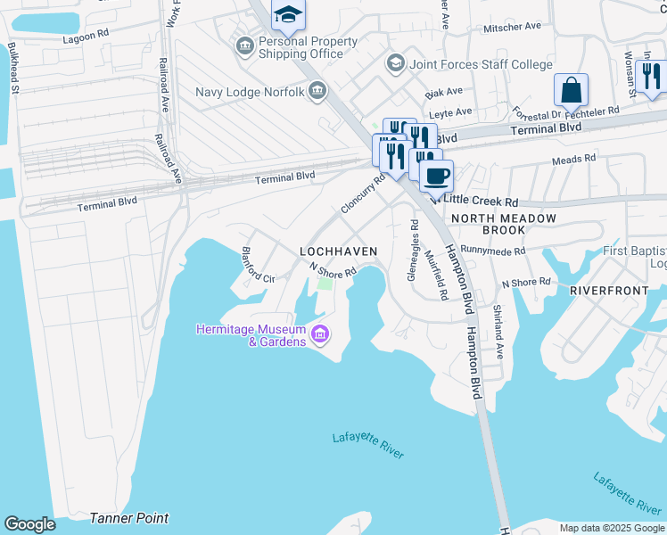 map of restaurants, bars, coffee shops, grocery stores, and more near in Norfolk