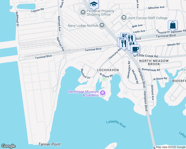 map of restaurants, bars, coffee shops, grocery stores, and more near 1516 Blanford Circle in Norfolk