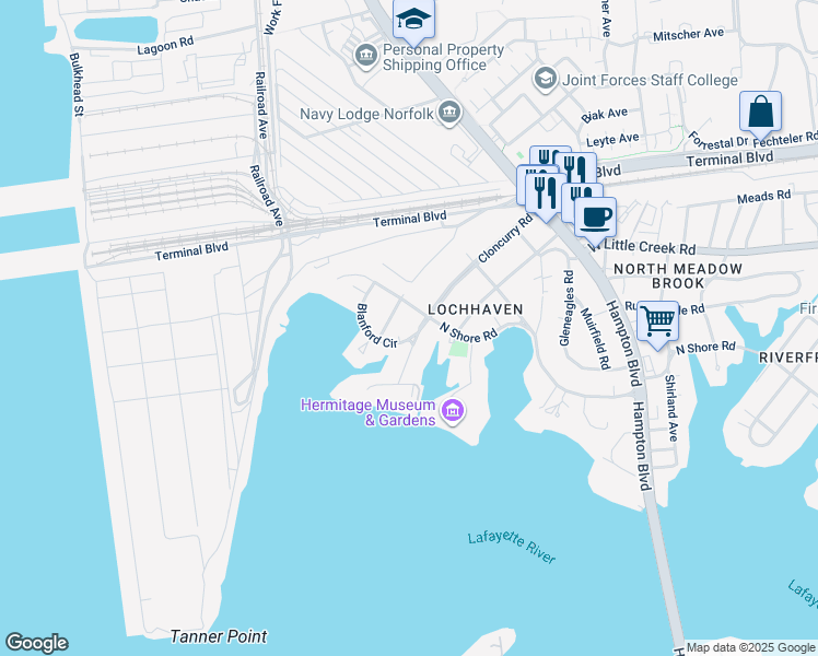 map of restaurants, bars, coffee shops, grocery stores, and more near 1516 Blanford Circle in Norfolk