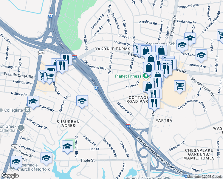 map of restaurants, bars, coffee shops, grocery stores, and more near 406 Draper Drive in Norfolk