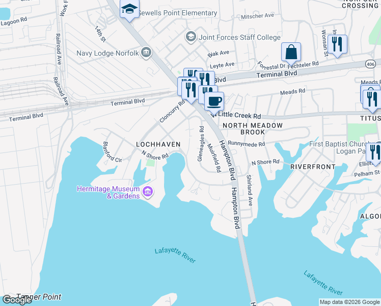 map of restaurants, bars, coffee shops, grocery stores, and more near 7498 Maury Arch in Norfolk