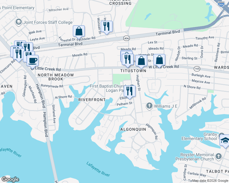 map of restaurants, bars, coffee shops, grocery stores, and more near 7464 Tapley Avenue in Norfolk