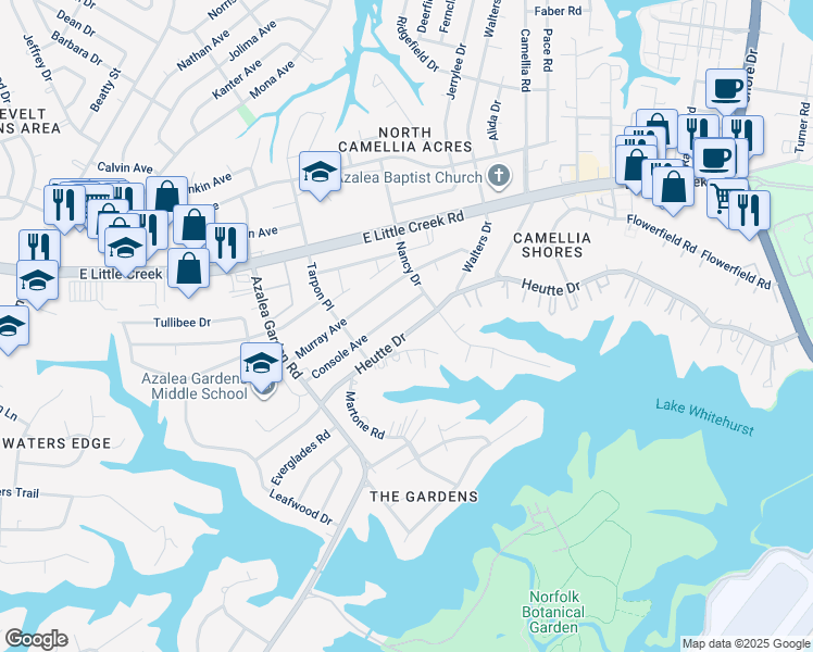 map of restaurants, bars, coffee shops, grocery stores, and more near 2744 Heutte Drive in Norfolk