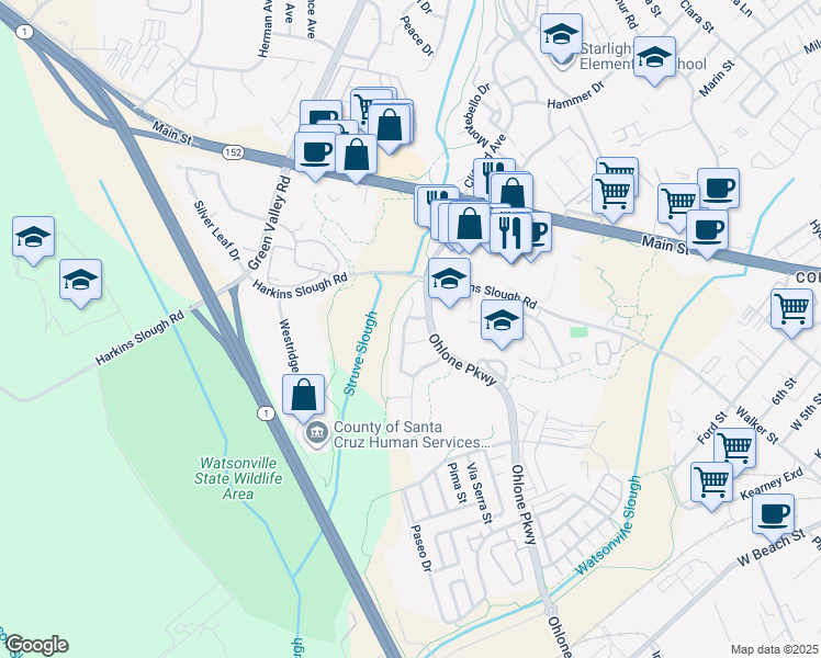 map of restaurants, bars, coffee shops, grocery stores, and more near 66 Pelican Drive in Watsonville