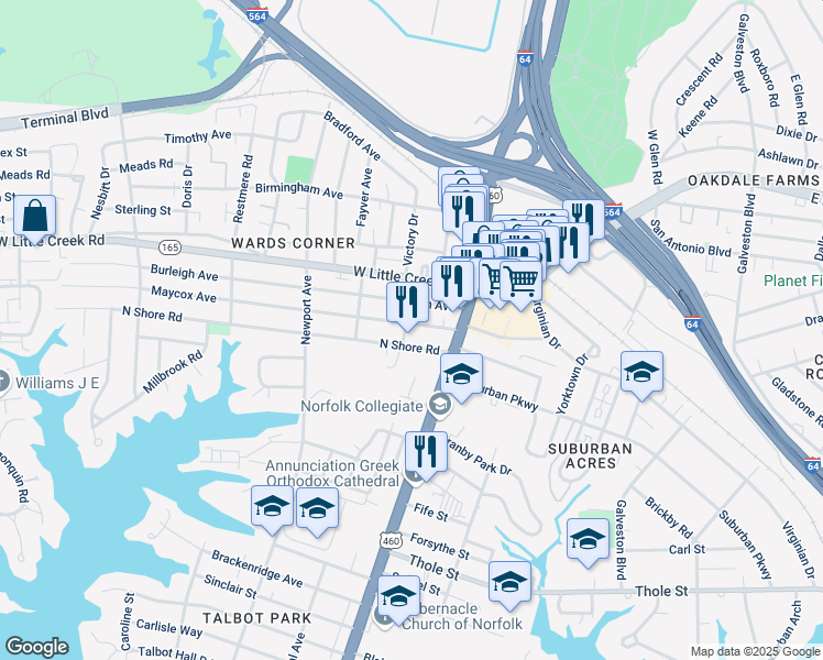 map of restaurants, bars, coffee shops, grocery stores, and more near 123 Maycox Avenue in Norfolk