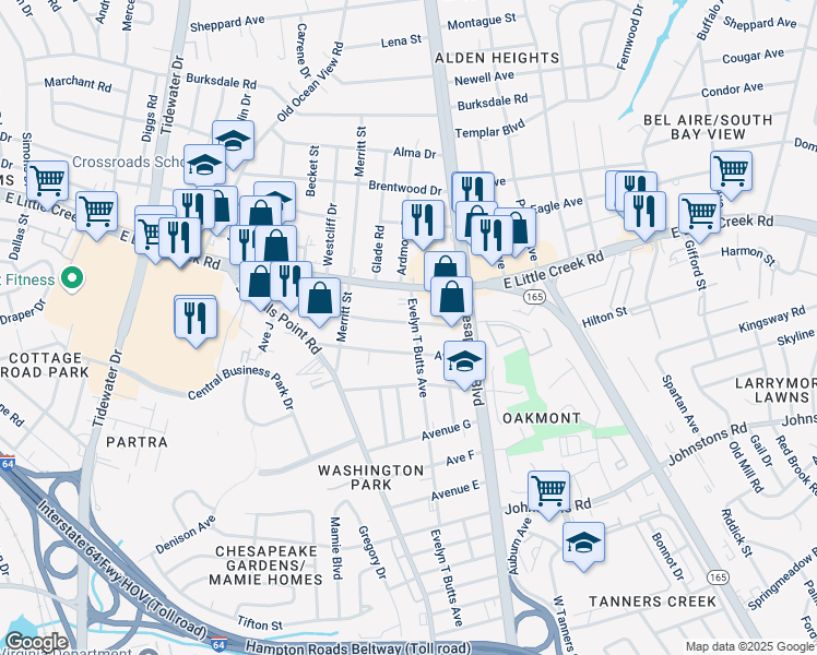 map of restaurants, bars, coffee shops, grocery stores, and more near 7619 Evelyn T Butts Avenue in Norfolk