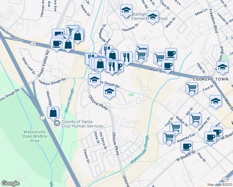 map of restaurants, bars, coffee shops, grocery stores, and more near 44 Monterey Vista Drive in Watsonville