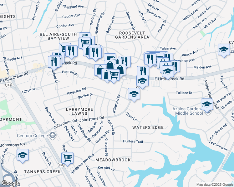 map of restaurants, bars, coffee shops, grocery stores, and more near 7701 Wildwood Drive in Norfolk
